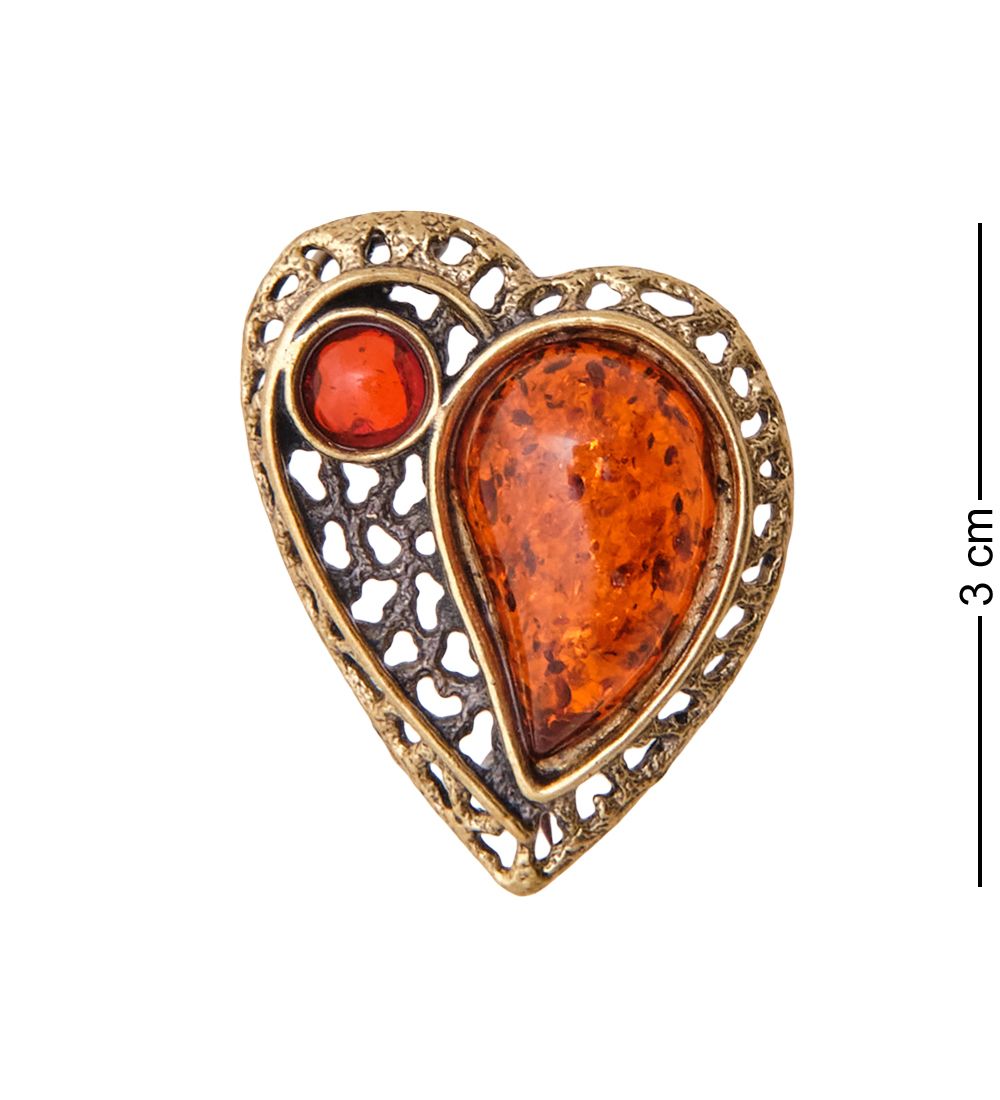 AM-3493 Брошь «Сердце для двоих» (латунь, янтарь)
