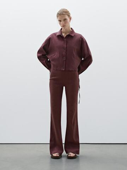 Massimo Dutti Куртка-бомбер из струящейся смесовой льняной ткани, бургундский