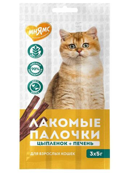 Лакомство Мнямс лакомые палочки для кошек из цыпленка и печени 3х5 г