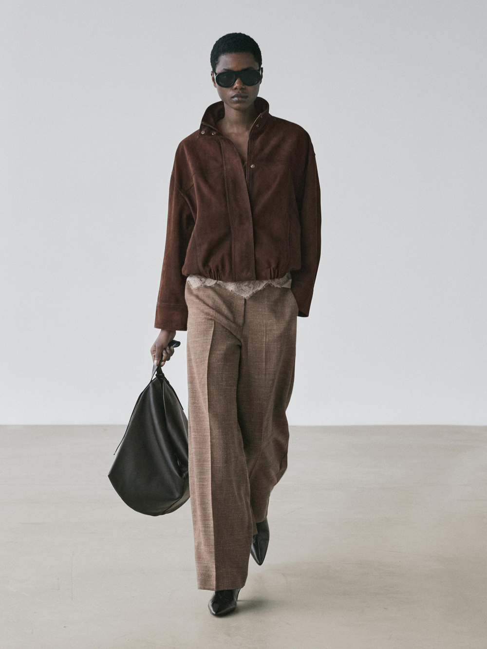 Massimo Dutti Широкие объемные брюки из шерстяной смеси, серо-коричневый