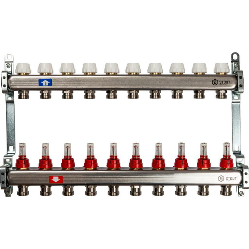 Коллекторная группа STOUT из нерж. стали с расходомерами 10 выхода