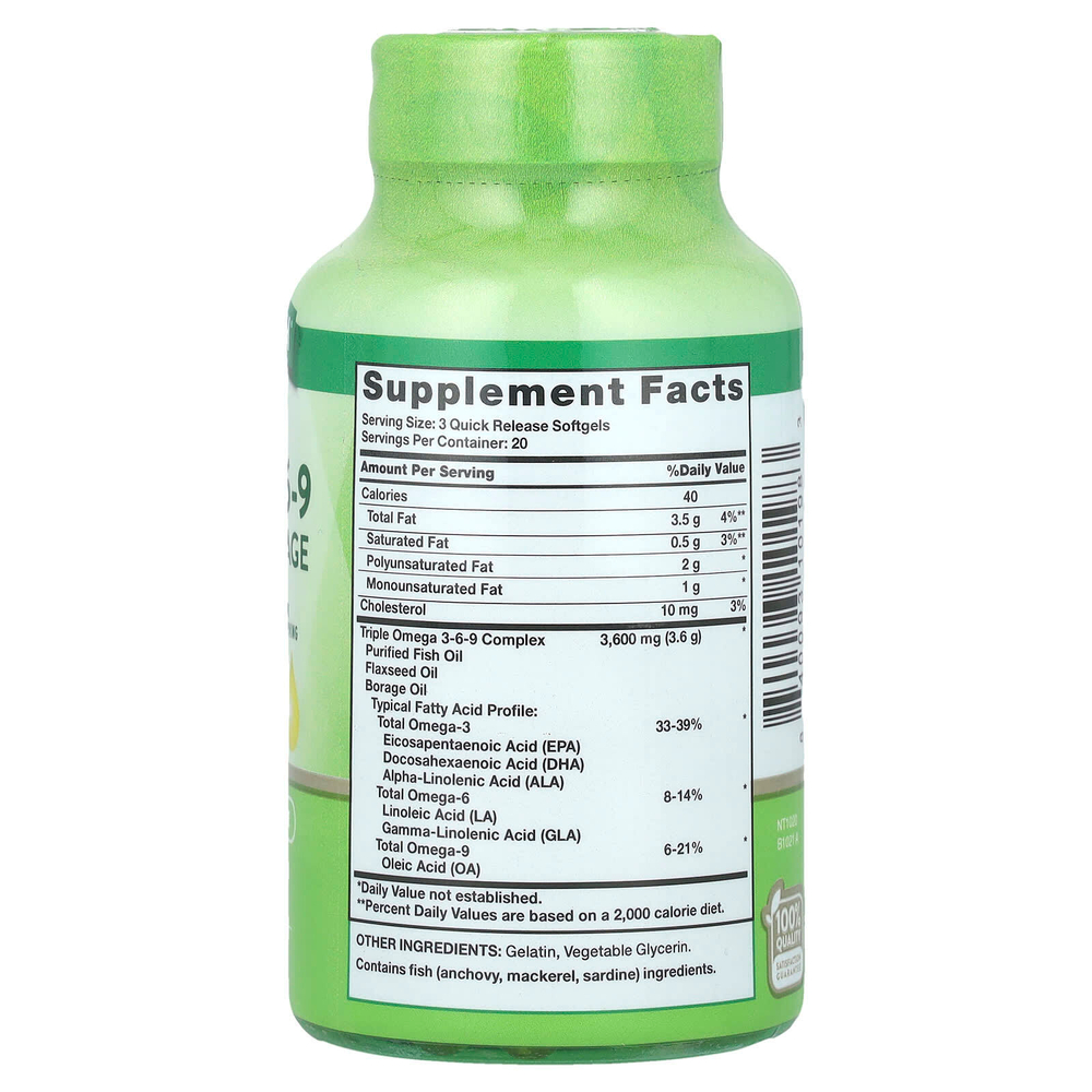 Nature's Truth, Triple Omega 3-6-9, рыба, лен, бурачник, 60 капсул быстрого действия