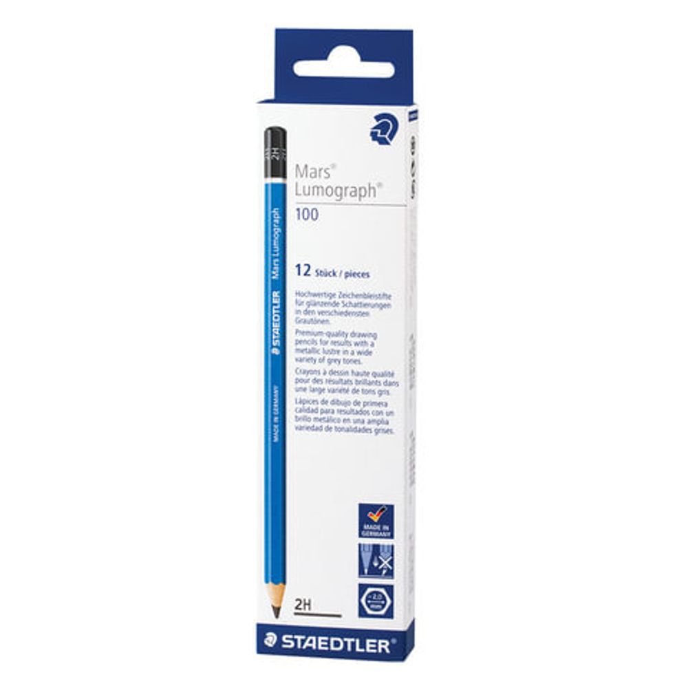 Карандаш чернографитный STAEDTLER ПРЕМИУМ (Германия), 1 шт., "Mars Lumograph", 2H, без резинки, грифель 2 мм, 100-2H