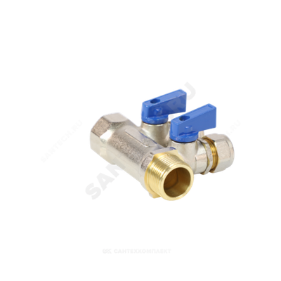 Коллектор латунь 3/4" ВР/НР на 2 вых Дн16 м/о 35мм обжим с шаровыми кранами, синие ручки для мп 7015 Aquasfera 7015-01