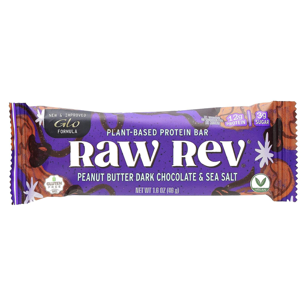 Raw Rev, Glo, арахисовое масло с темным шоколадом и морской солью, 12 батончиков, весом 46 г (1,6 унции) каждый