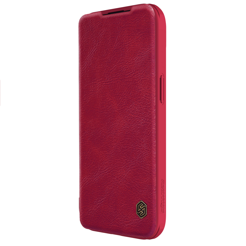 Кожаный чехол книжка красного цвета от Nillkin для смартфона iPhone 15, серия Qin Pro Leather с защитной шторкой для камеры