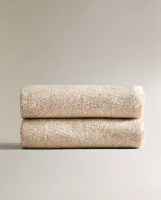 ZARA HOME ПЛЕД С БАХРОМОЙ, ЭКРЮ