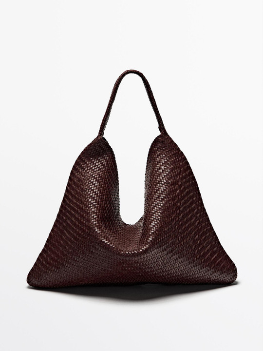 Massimo Dutti Большая плетеная сумка-шопер из кожи наппа, пестро-коричневый