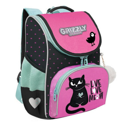 Ранец GRIZZLY анатомическая спинка, с мешком для обуви, для девочек, "KITTY", 33х25х13 см, RAm-384-1/2