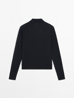 Massimo Dutti Свитер из 100% шерсти с воротником поло и пуговицами, темно-синий