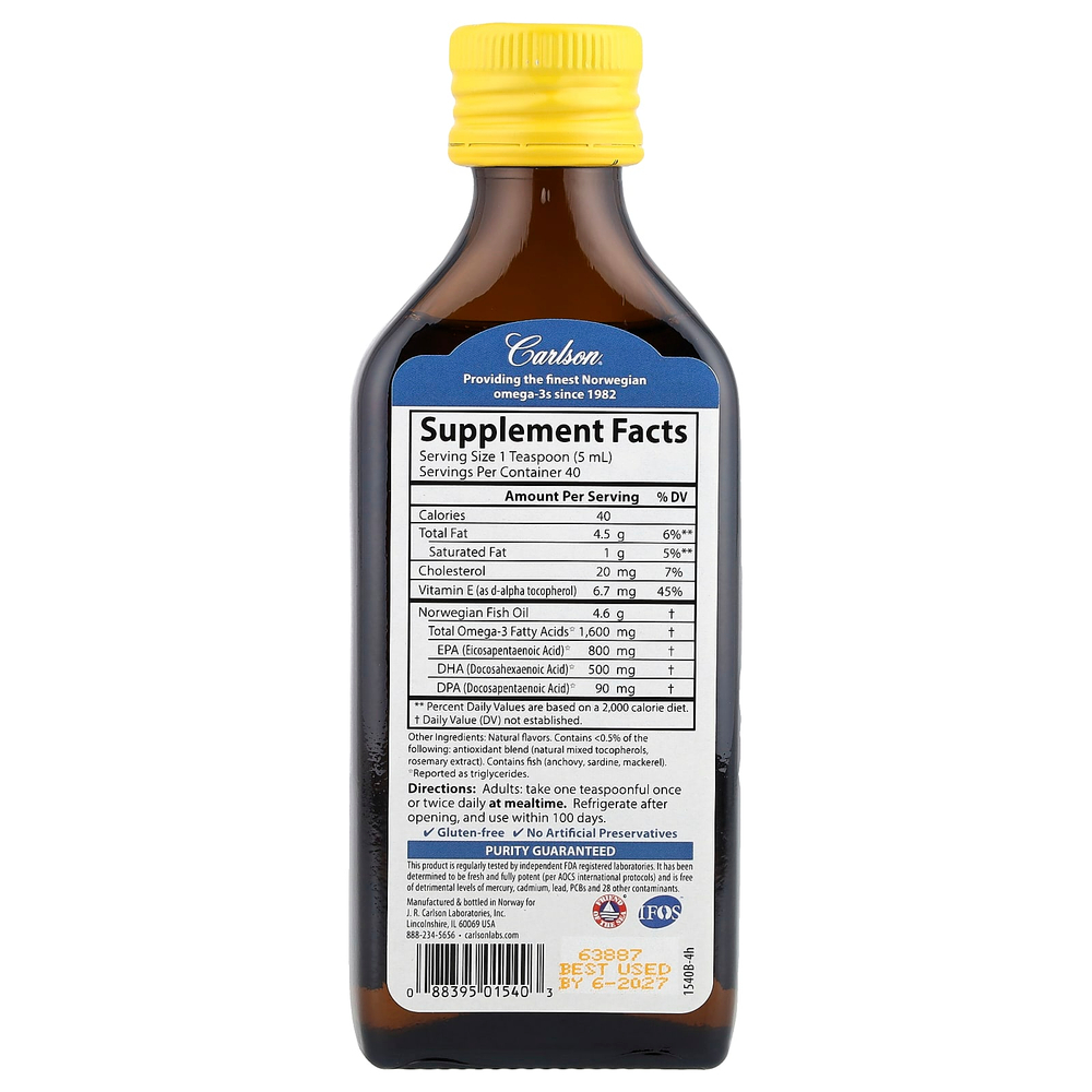 Carlson, норвежская серия, самый лучший рыбий жир, с натуральным лимонным вкусом, 1600 мг, 200 мл (6,7 жидк. унции)