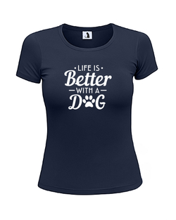 Футболка Life is better with a dog unisex темно-синяя с белым рисунком