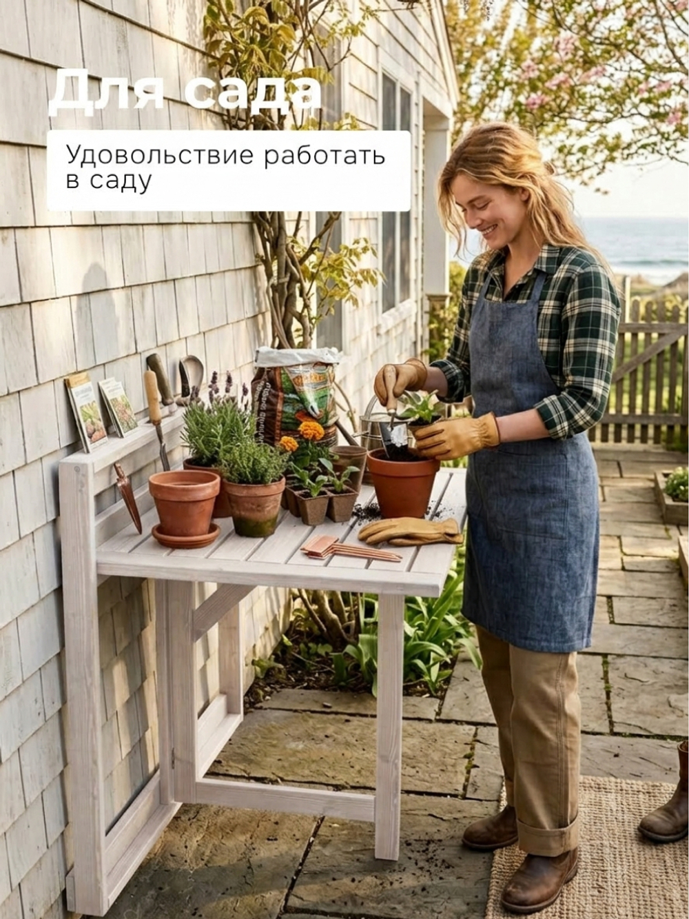Стол садовый деревянный Эпларо откидной на стену 76х64 на балкон, для сада, массив сосны, белый