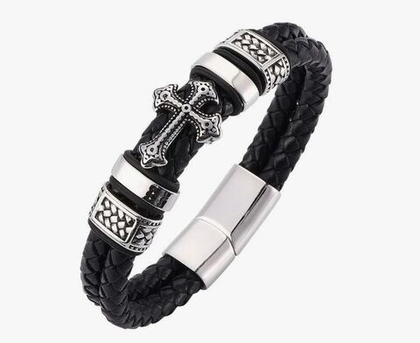 Браслет черный кожаный плетеный с крестом на магнитном клапане