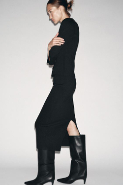 ZARA ТРИКОТАЖНАЯ ЮБКА-МИДИ, ЧЕРНЫЙ