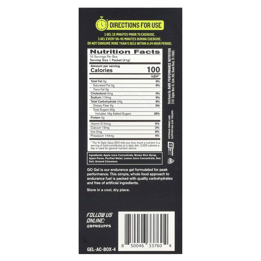 BPN, Go Gel, Endurance гель, яблоко и корица, 10 пакетиков по 41 г (1,45 унции)