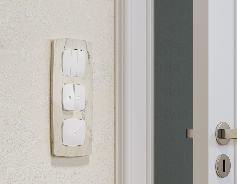 MO104055 Комплект механизма 2-кл выключателя с самовозвратом с подсветкой 5600K OMEGA Белый глянец QUANT (OP1040, VM129, G14W)