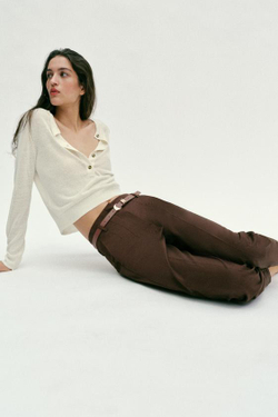 ZARA БРЮКИ С ВЫСОКОЙ ПОСАДКОЙ И РЕМНЕМ, КОРИЧНЕВЫЙ