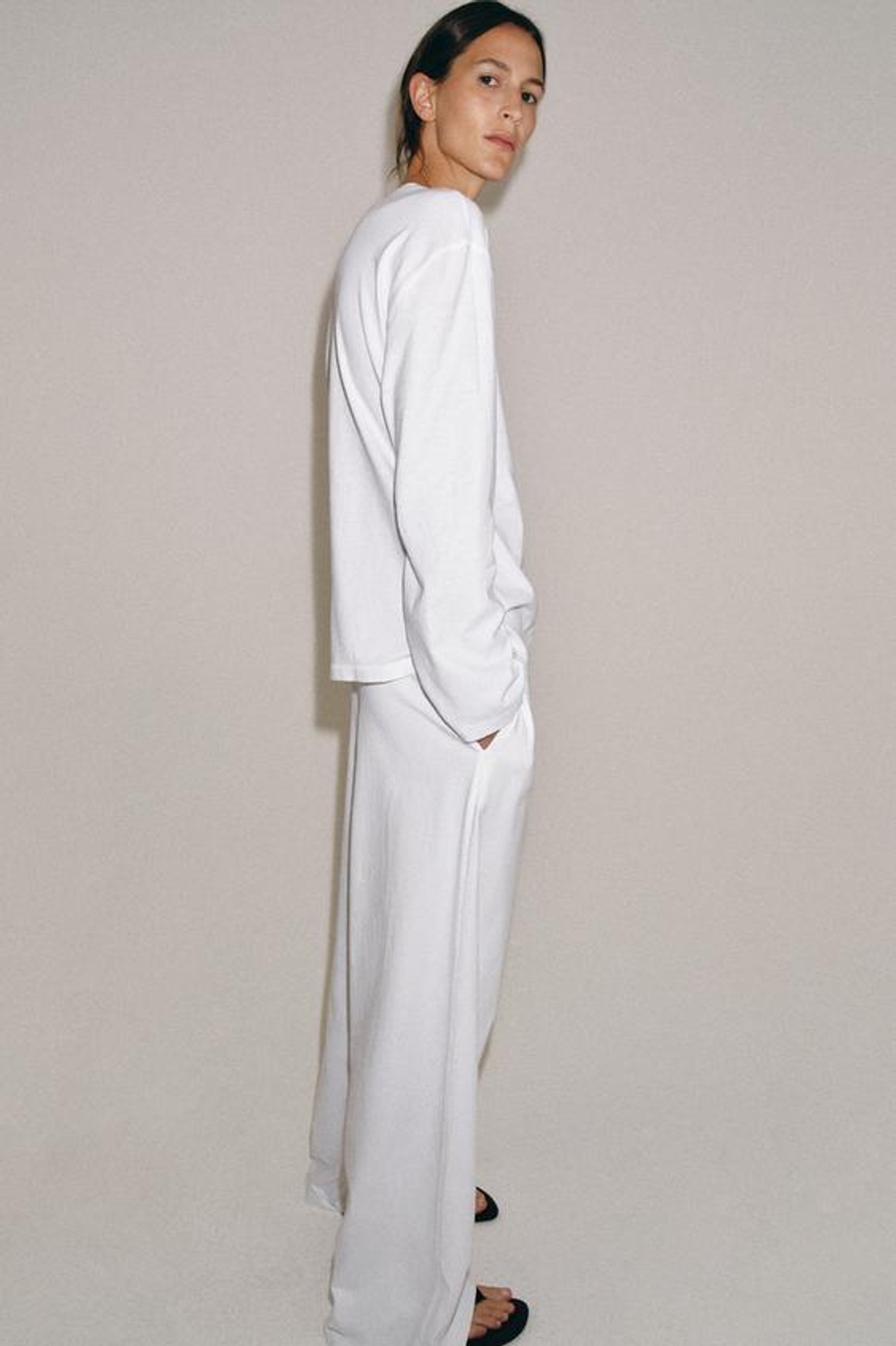 ZARA ЛОНГСЛИВ С ЛЬНЯНОЙ СМЕСЬЮ, БЕЛЫЙ