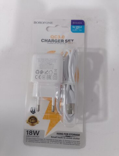 Сетевое зарядное устройство 1 USB Borofone BAS42A Potential, пластик, PD18Вт, QC3.0, кабель USB - Type-C, цвет: белый