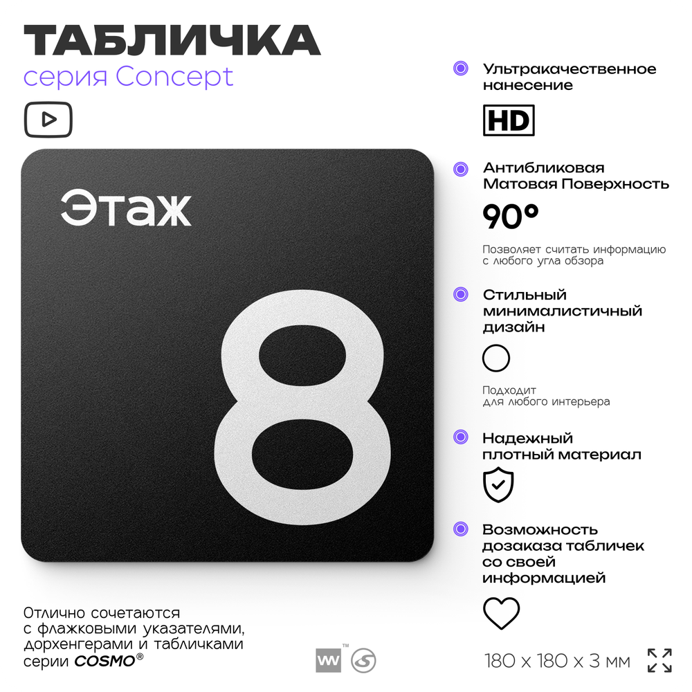 Табличка Этаж 8, на дверь и стену, навигационная и информационная, серия CONCEPT, 18х18 см, Айдентика Технолоджи