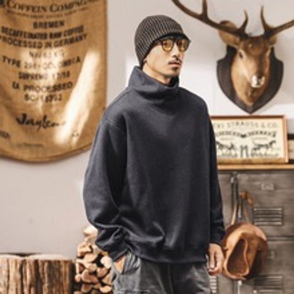 Толстовка Американская ретро с высоким воротником для защиты шеи для мужчин, модный бренд весны и осени, теплая свободная базовая рубашка, повседневный мужской топ.