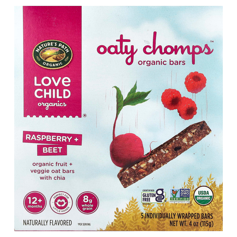 Love Child Organics, Nature's Path, органические батончики Oaty Chomps™, для детей от 12 месяцев, малина и свекла, 5 батончиков в индивидуальной упаковке, 23 г (0,8 унции)