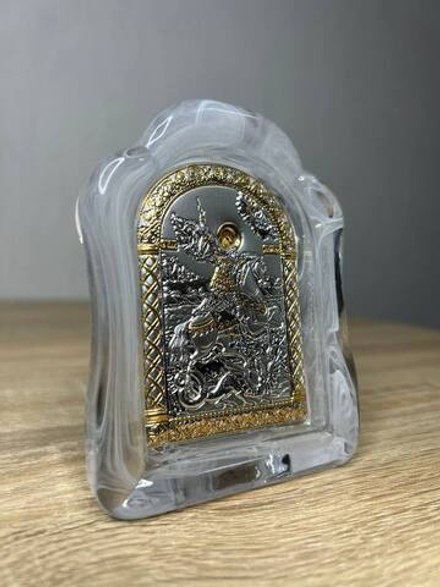 Георгий Победоносец, икона арочная, белое муранское стекло 86х112