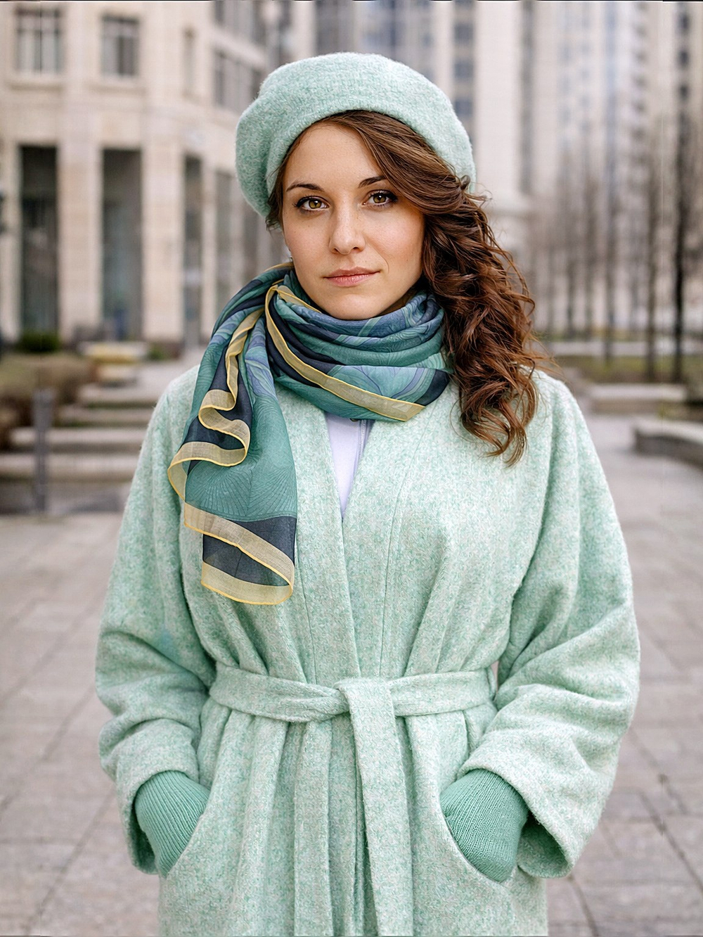 Кафтан -пальто с поясом без подкладки /шалфей