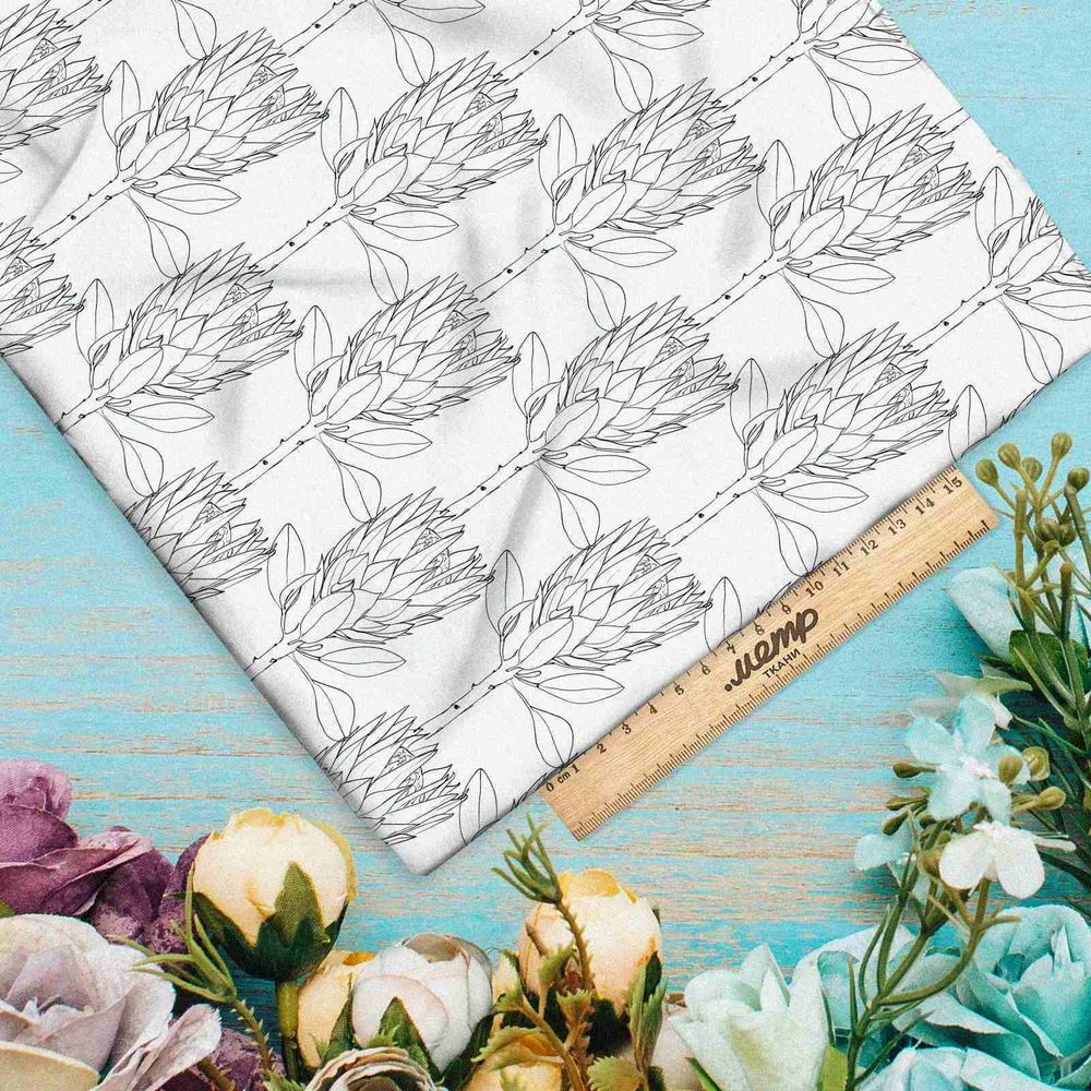 Ткань футер 2-х нитка тонкие цветочные силуэты