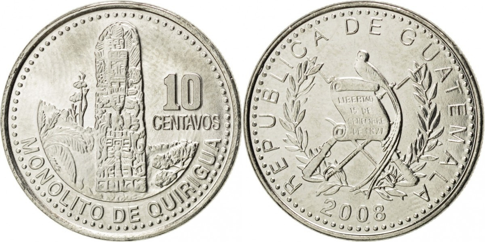 Гватемала 10 сентаво, 1976-2008 Киригуа, город Майя UNC