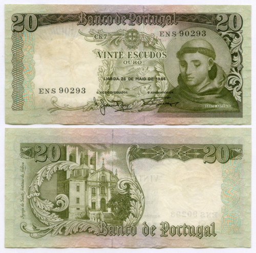 Банкнота Португалия 20 эскудо 1964 год ENS 90293. VF-XF