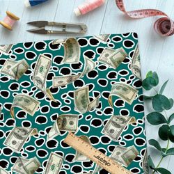 Ткань габардин реалистичные доллары на зелёном фоне в горошек