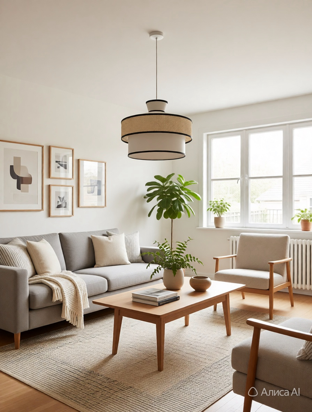 Абажур подвесной, Д40 см, двухуровневый с ротангом