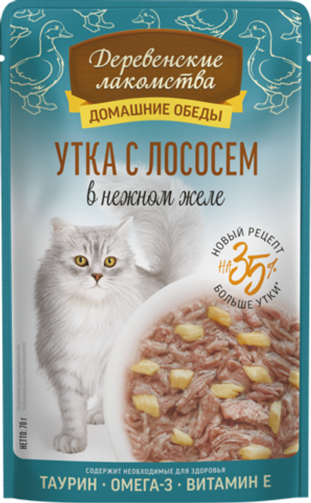 Консервы Деревенские лакомства для кошек "Домашние обеды" утка с лососем в нежном желе - 70 гр