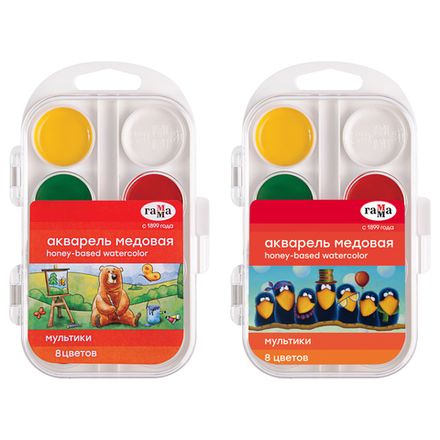 Краски акварельные 8цв. Гамма Мультики, без кисточки, пластиковая коробка, 1шт