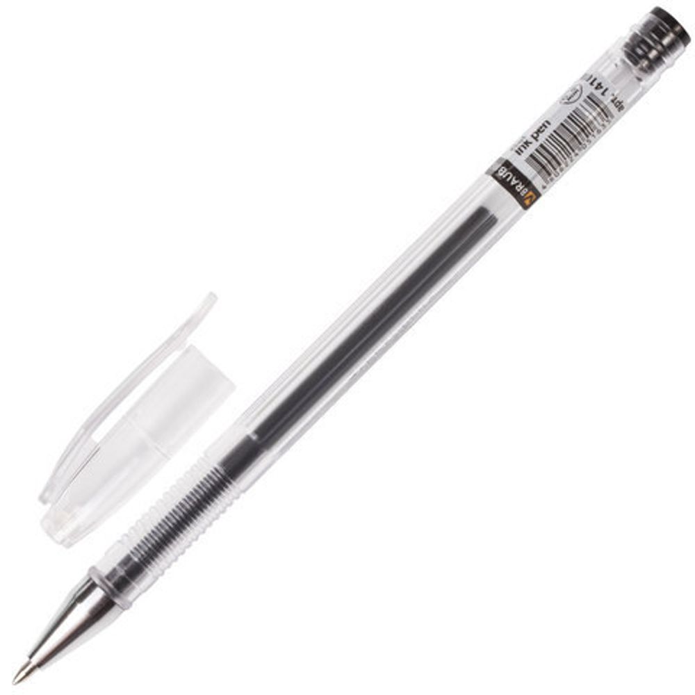 Ручка гелевая BRAUBERG "Jet", ЧЕРНАЯ, корпус прозрачный, узел 0,5 мм, линия письма 0,35 мм, 141018