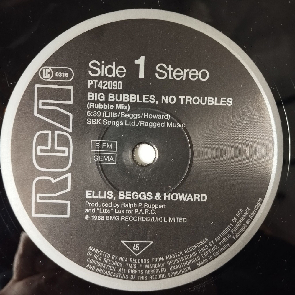 Винтажная виниловая пластинка LP Ellis, Beggs and Howard Big Bubbles, No Troubles (Germany 1989) 45 RPM Maxi Single