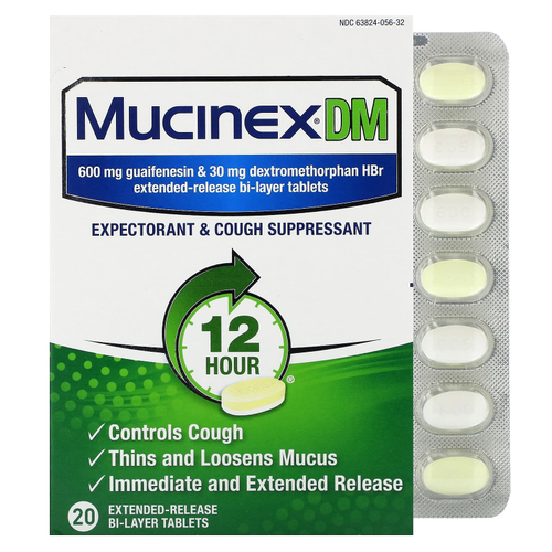 Mucinex, Mucinex DMA, 20 двухслойных таблеток с замедленным высвобождением