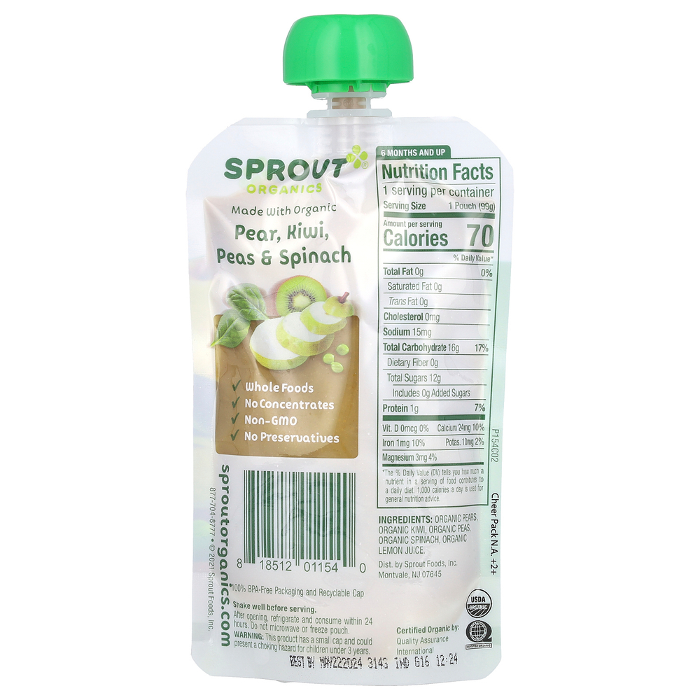 Sprout Organics, детское питание от 6 месяцев, груша, киви, горох и шпинат, 99 г (3,5 унции)