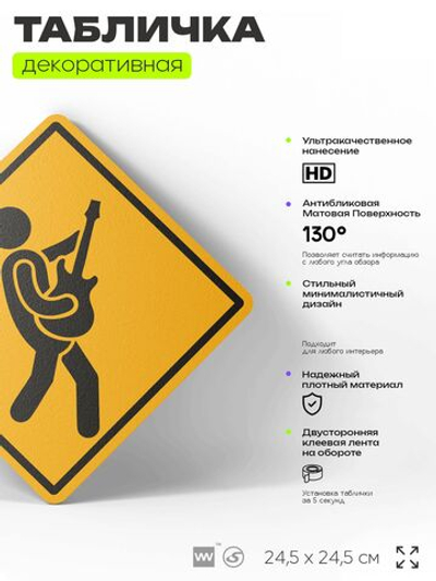 Табличка декоративная "Гитарист" на дверь и стену, информационная, декоративный знак, 24,5х24,5 см, пластиковая, Айдентика Технолоджи