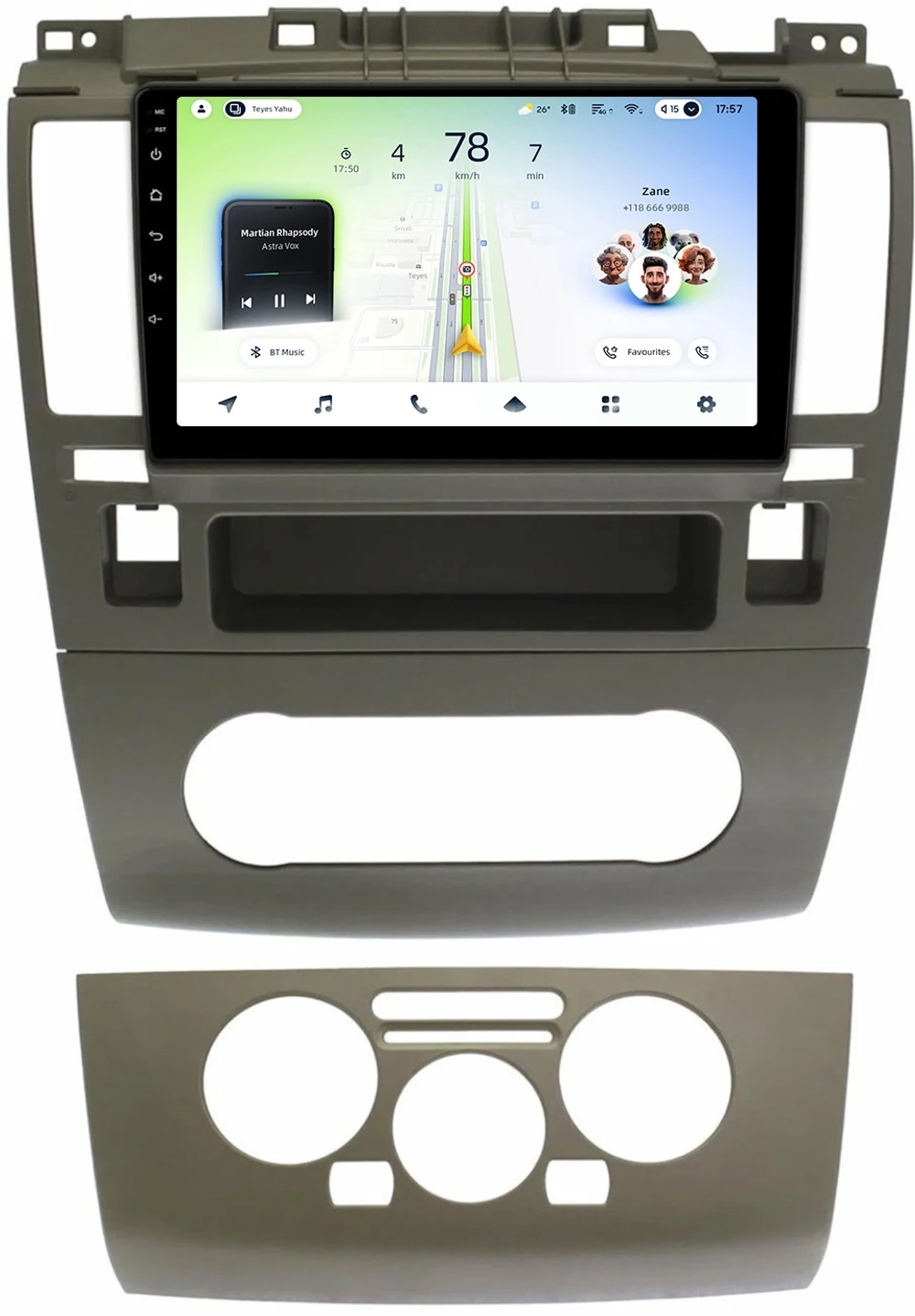 Магнитола для Nissan Tiida C11 2004-2013 (кондиционер/климат с прямоугольным экранчиком, рамка серая) - Teyes CC4L монитор 9" IPS на Android 14, Snapdragon 662, CarPlay, 4G SIM-слот