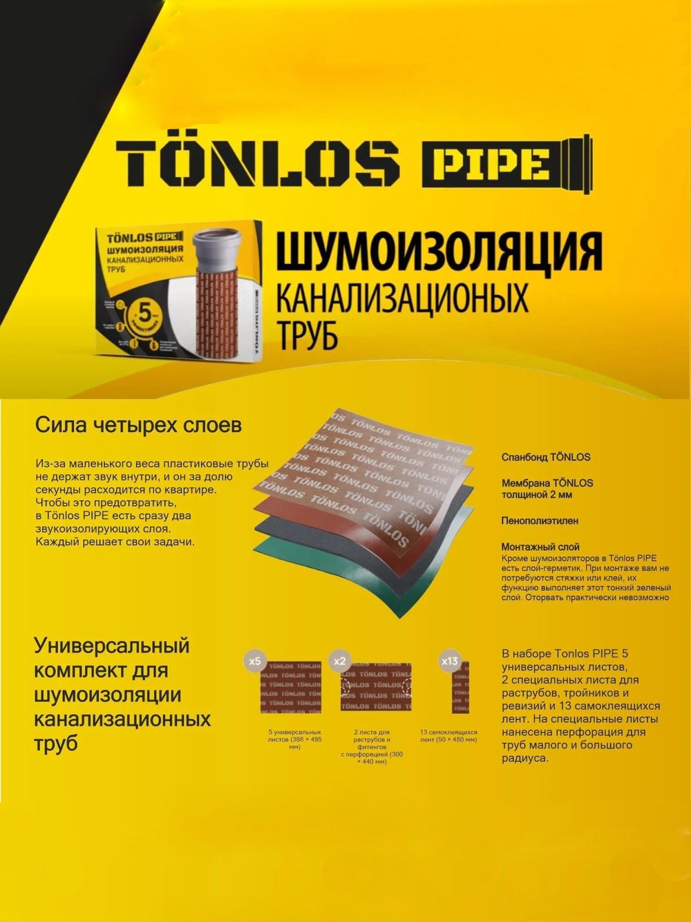 Универсальный комплект для шумоизоляции канализационных труб PIPE D110мм, толщина 8мм, L до 3м