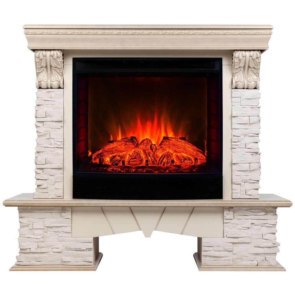 Электрокамин RealFlame Rockland Lux WT белый дуб с золотой патиной с очагом Evrika 25,5 LED