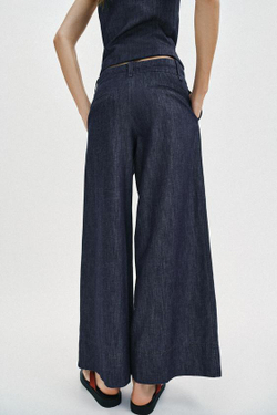 ZARA ШИРОКИЕ БРЮКИ ИЗ СМЕСОВОГО ЛЬНА, ИНДИГО