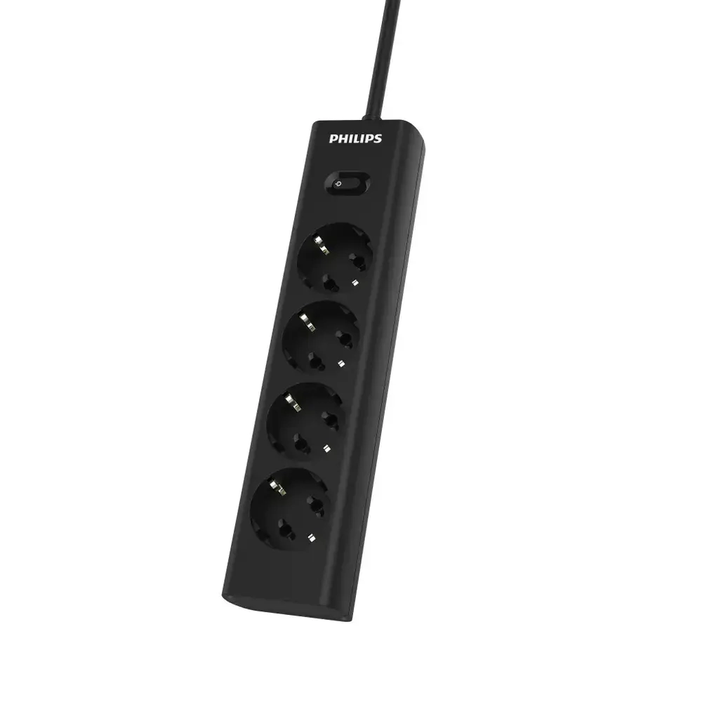 Сетевой фильтр удлинитель Philips CHP2145BB/51 с четырьмя стандартными розетками EU, с заземлением и защитой от перегрузок, 3 м, черный