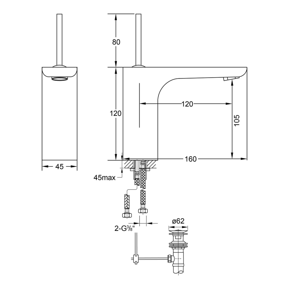 Смеситель для раковины Steinberg Серия 200 с керамическим картриджем Джойстик, со сливным гарнитуром 1 1/4“, с гибкими шлангами 3/8“, хром 200 1000