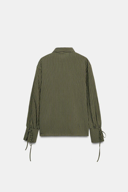 ZARA РУБАШКА В ПОЛОСКУ С ЗАВЯЗКАМИ, ТЕМНЫЙ ХАКИ