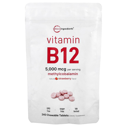 Micro Ingredients, витамин B12, клубника, 240 жевательных таблеток (2500 мкг в 1 таблетке)