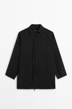 Massimo Dutti Блуза в полоску из смесового льна с пуговицами, черный